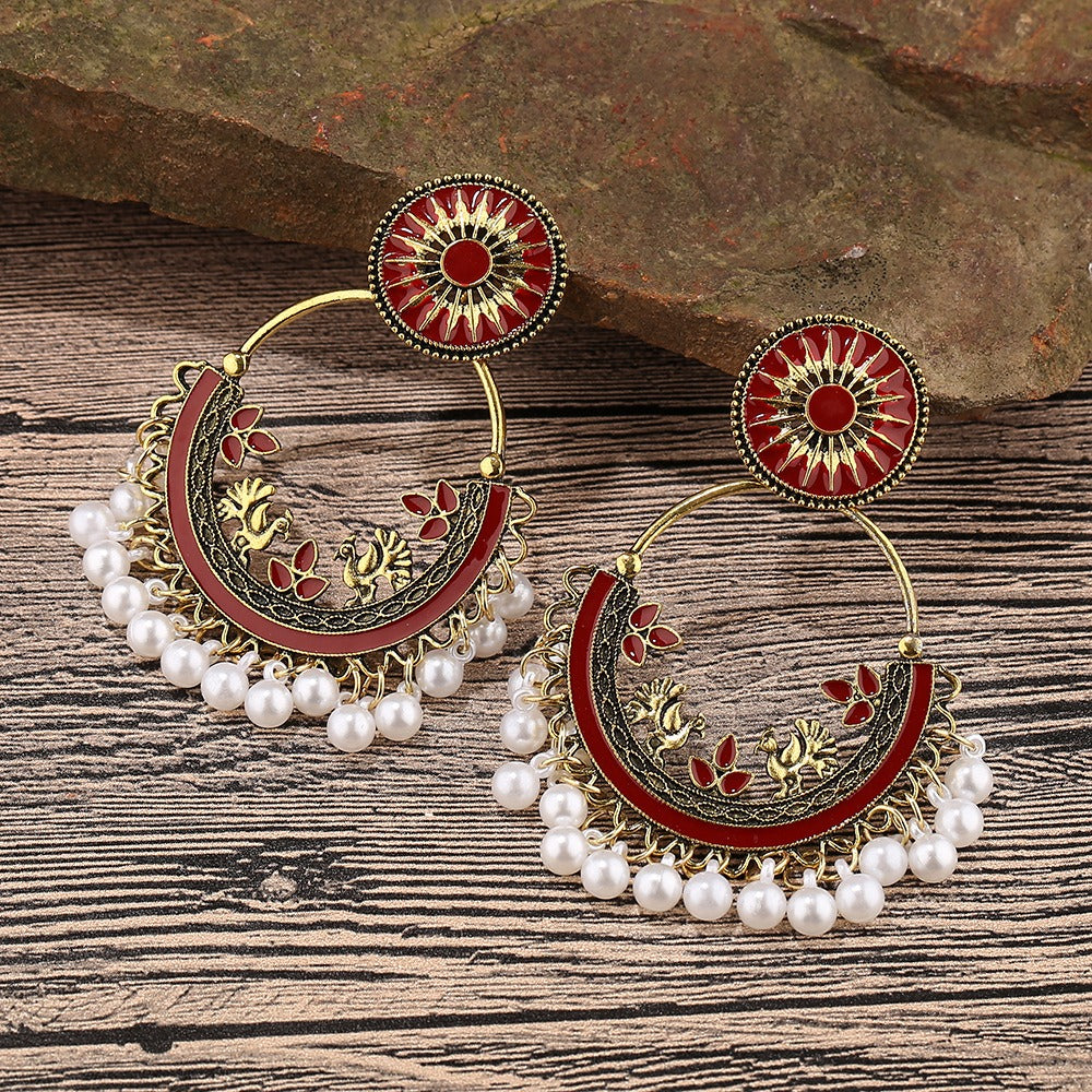 Moon alloy earrings jewelry exaggerated retro Indian style hollowed out bell pendant design sense earrings jewelry