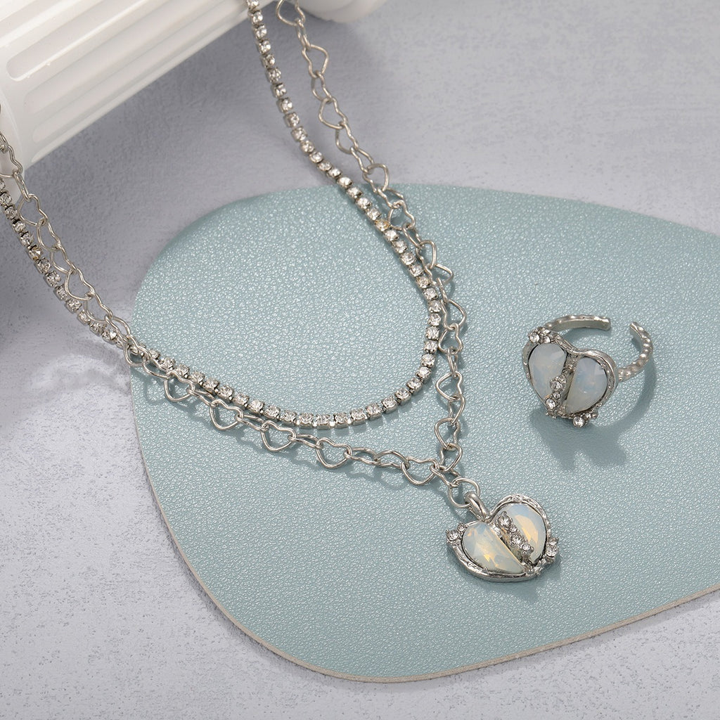 New Sweet Cool Style Y2K Split Love Ring Necklace Jewelry Set for Female Personality and Minority Design Jewelry