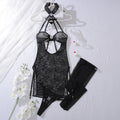 Lace lace hanging neck jumpsuit with hollowed out backless lingerie three piece set