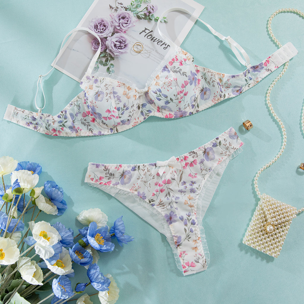 Sexy Mesh Heart Print Bra Set Ultra-thin Comfortable Tempting Lingerie Two-piece Set