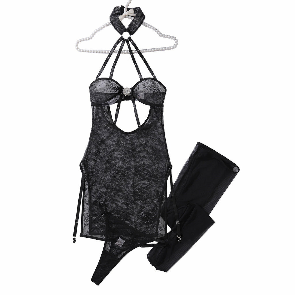 Lace lace hanging neck jumpsuit with hollowed out backless lingerie three piece set