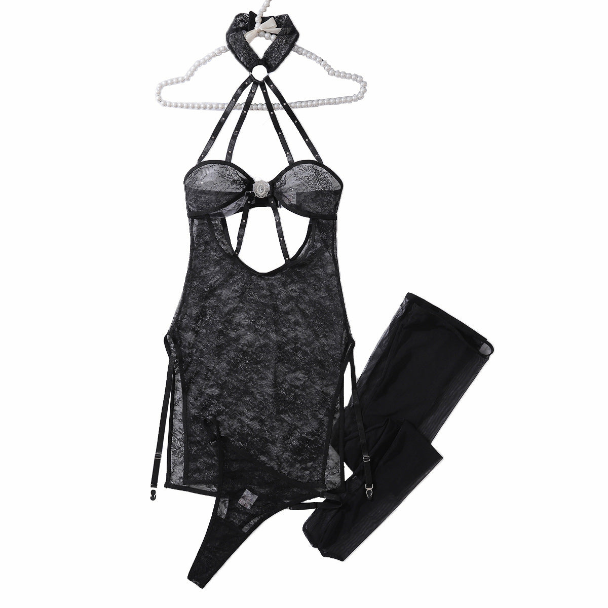 Lace lace hanging neck jumpsuit with hollowed out backless lingerie three piece set