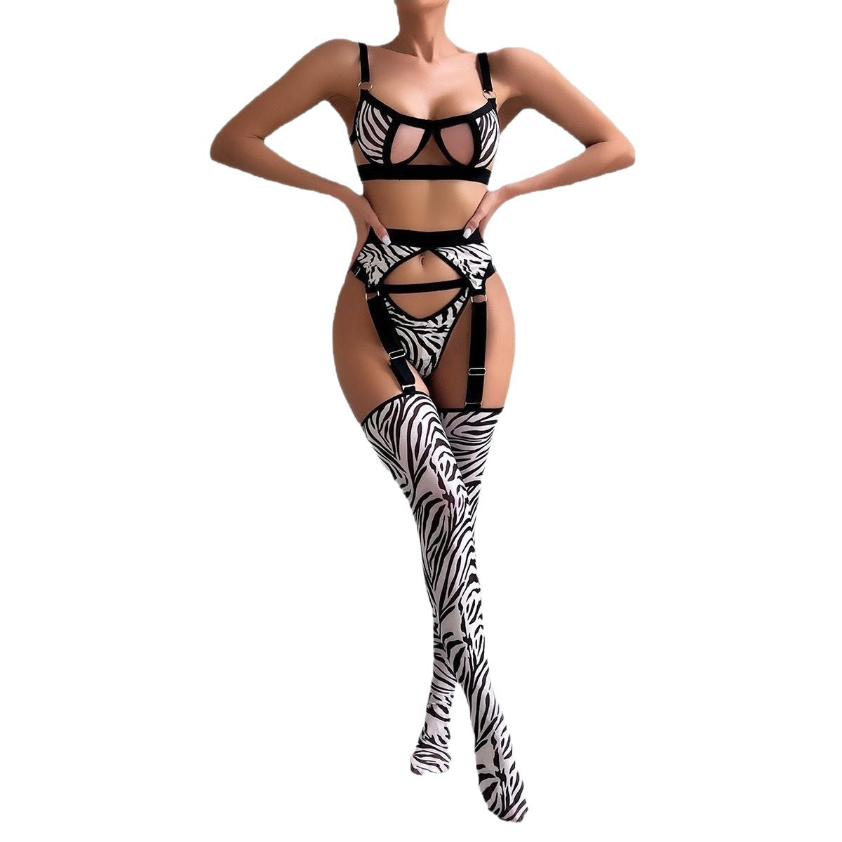 Wild Leopard Print Mesh Hollow-out Sexy Lingerie Four-piece Set with Thigh-high Socks