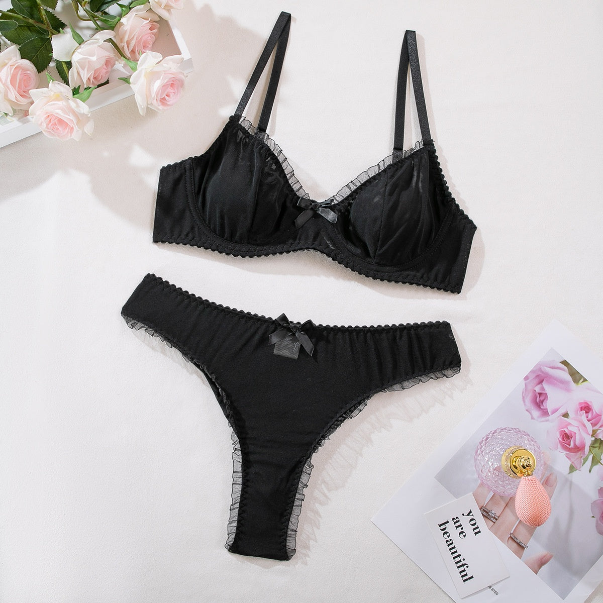 Sexy Mesh Heart Print Bra Set Ultra-thin Comfortable Tempting Lingerie Two-piece Set