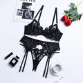 Lace mesh embroidery sexy lingerie gathering straps three piece set shaping body