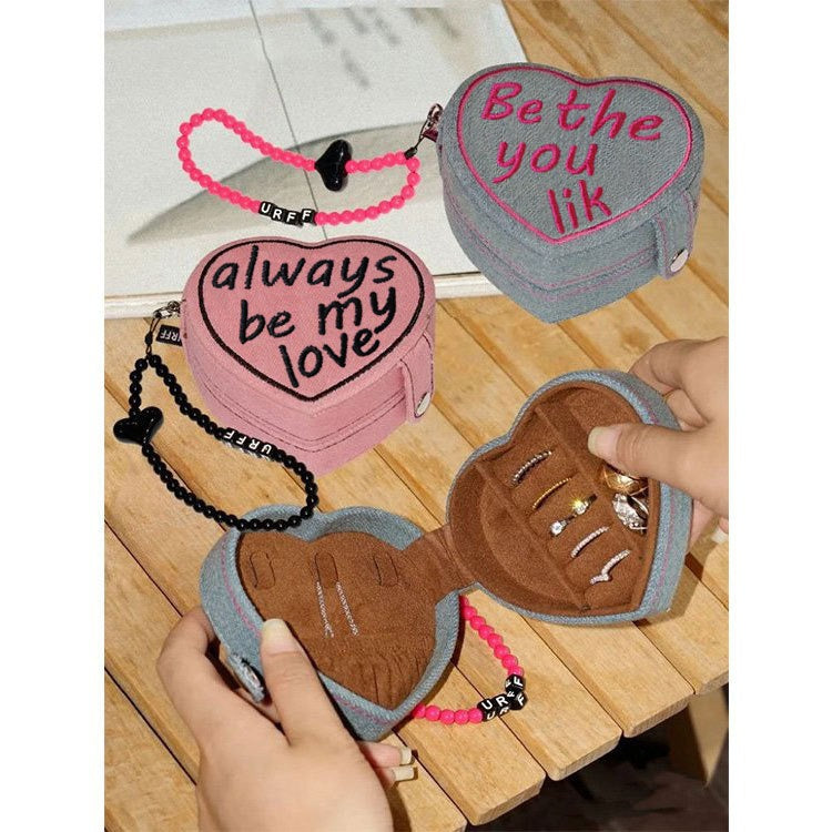 Heart Shaped Cake Mini Jewelry Box Vintage Denim Portable Ring Jewelry Storage Travel Gift