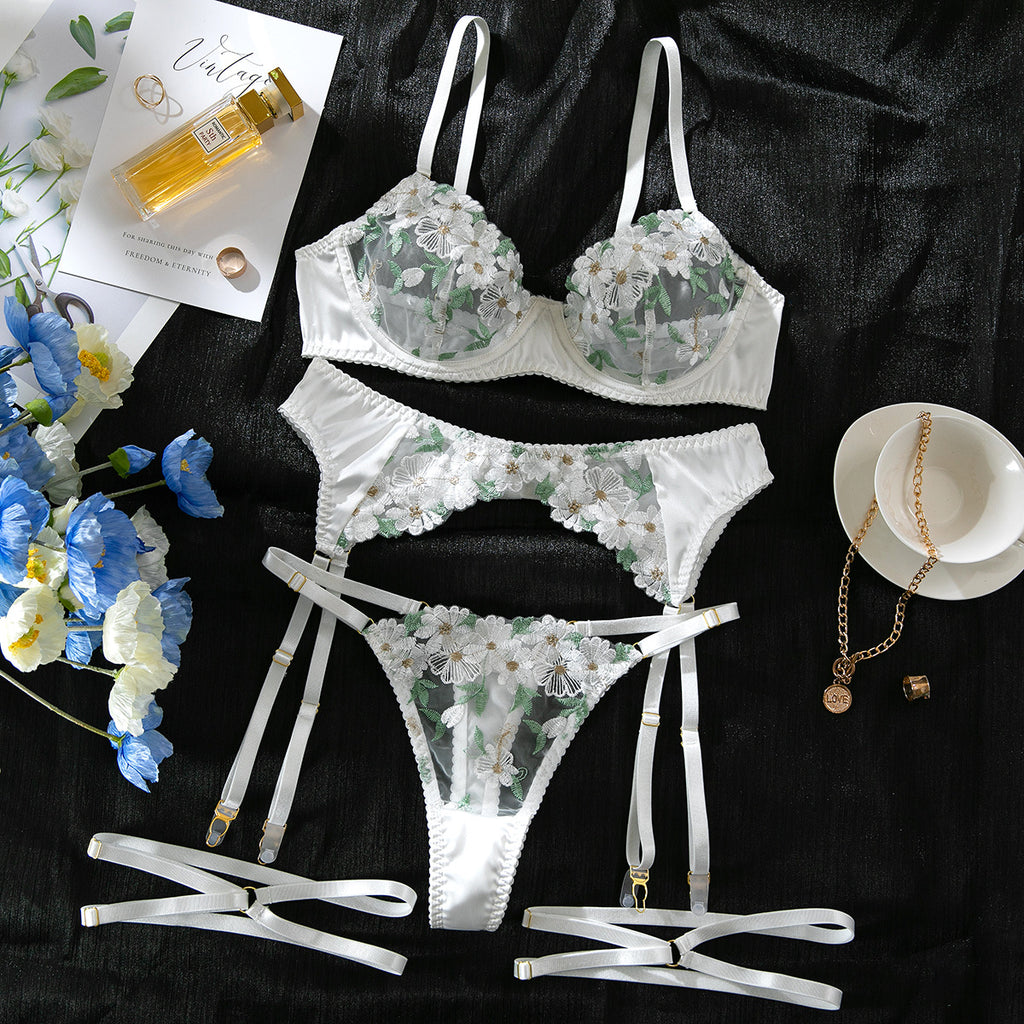 Sexy Mesh Embroidered Multi-color Floral Bra Set Hollow Shaping Lingerie Four-piece Suit for Women