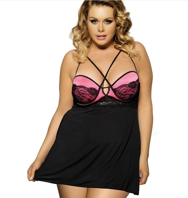 Sexy Babydoll Lingerie Erotic Lady Luxury Satin Lace Plus Size Sleepwear Transparent Hollow-out Chemise Underwear