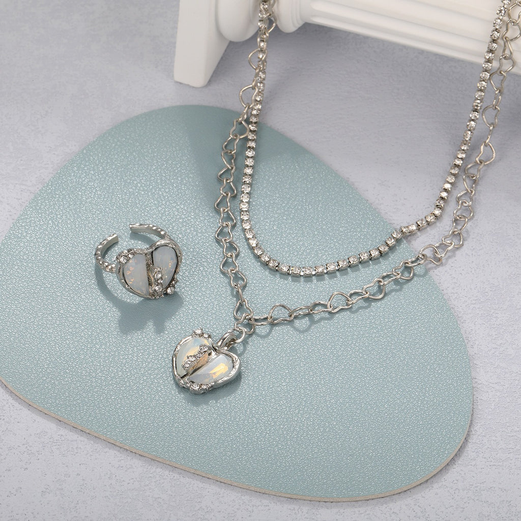 New Sweet Cool Style Y2K Split Love Ring Necklace Jewelry Set for Female Personality and Minority Design Jewelry