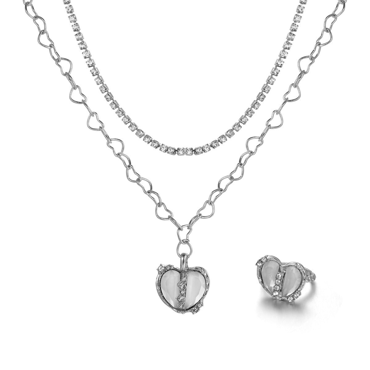 New Sweet Cool Style Y2K Split Love Ring Necklace Jewelry Set for Female Personality and Minority Design Jewelry