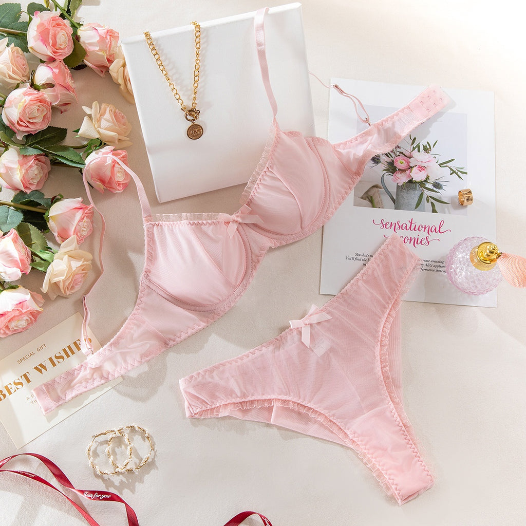 Sexy Mesh Heart Print Bra Set Ultra-thin Comfortable Tempting Lingerie Two-piece Set