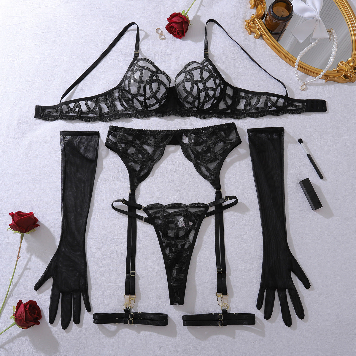 Design Intricate Embroidered Sheer Fitted Shaping Sexy Lingerie Two-Piece Set with Underwire