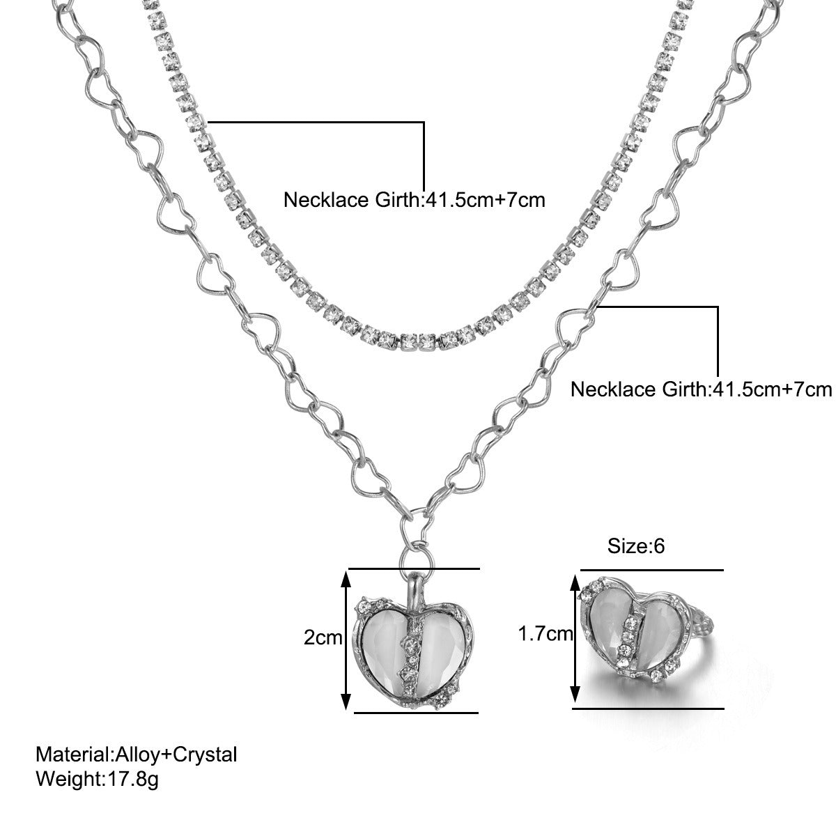New Sweet Cool Style Y2K Split Love Ring Necklace Jewelry Set for Female Personality and Minority Design Jewelry