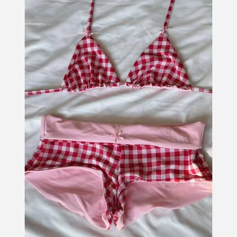 Plaid Bow Sweet Style Sexy Lingerie Set