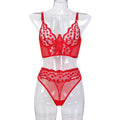 Red Heart Embroidery Rose Flower Sexy Lingerie Two-Piece Set