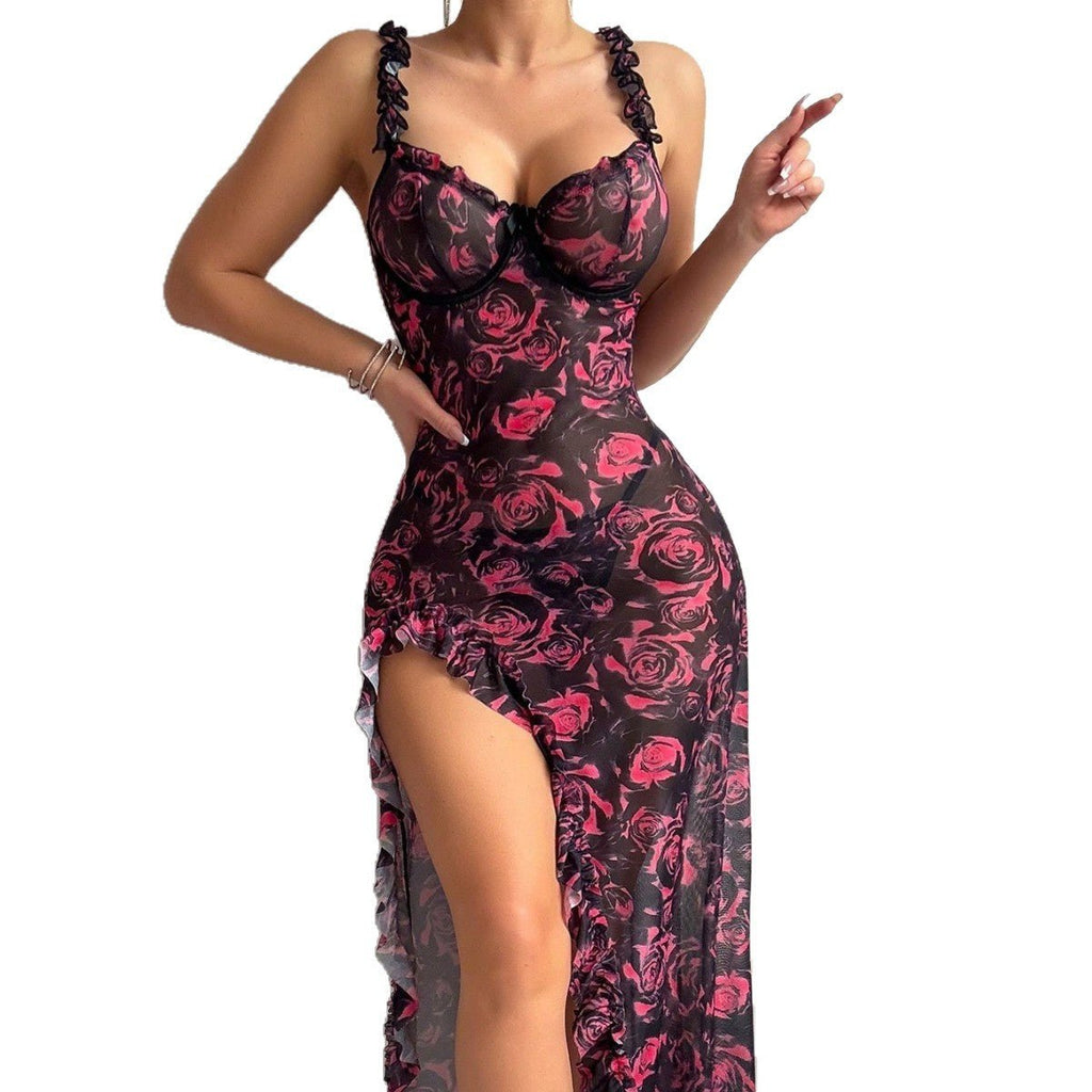 Floral Print Strapless Slit Dress with Lingerie Style - eXplore