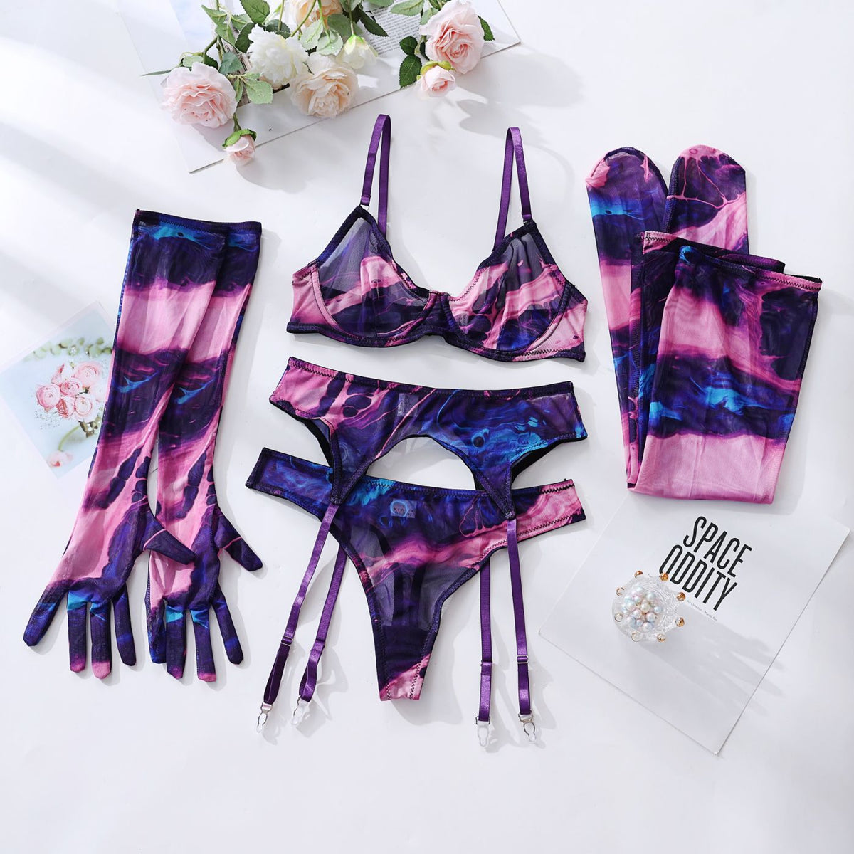 Lingerie Set with Gloves and Stockings - Mesh Printed Design - eXplore