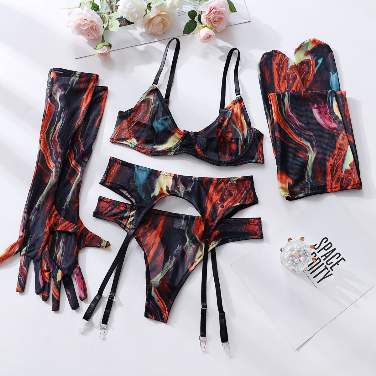 Lingerie Set with Gloves and Stockings - Mesh Printed Design - eXplore