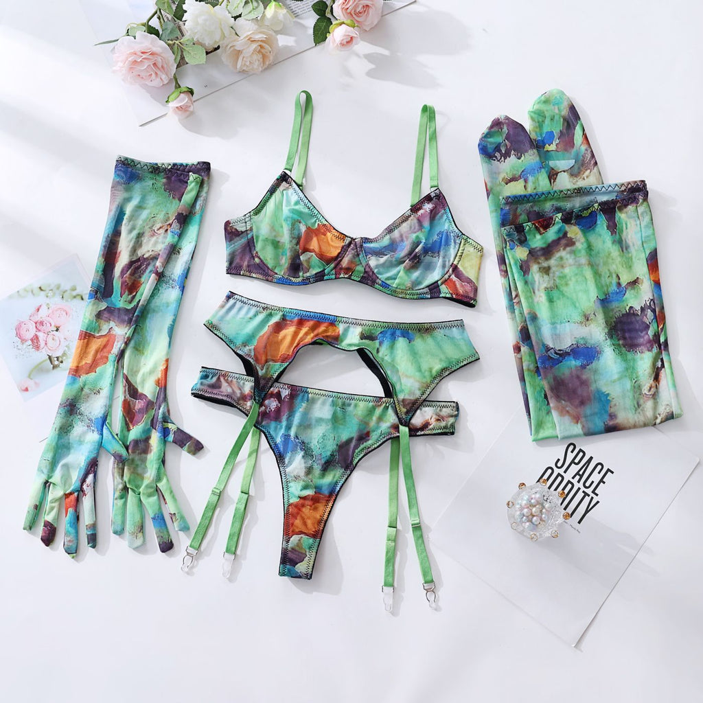 Lingerie Set with Gloves and Stockings - Mesh Printed Design - eXplore