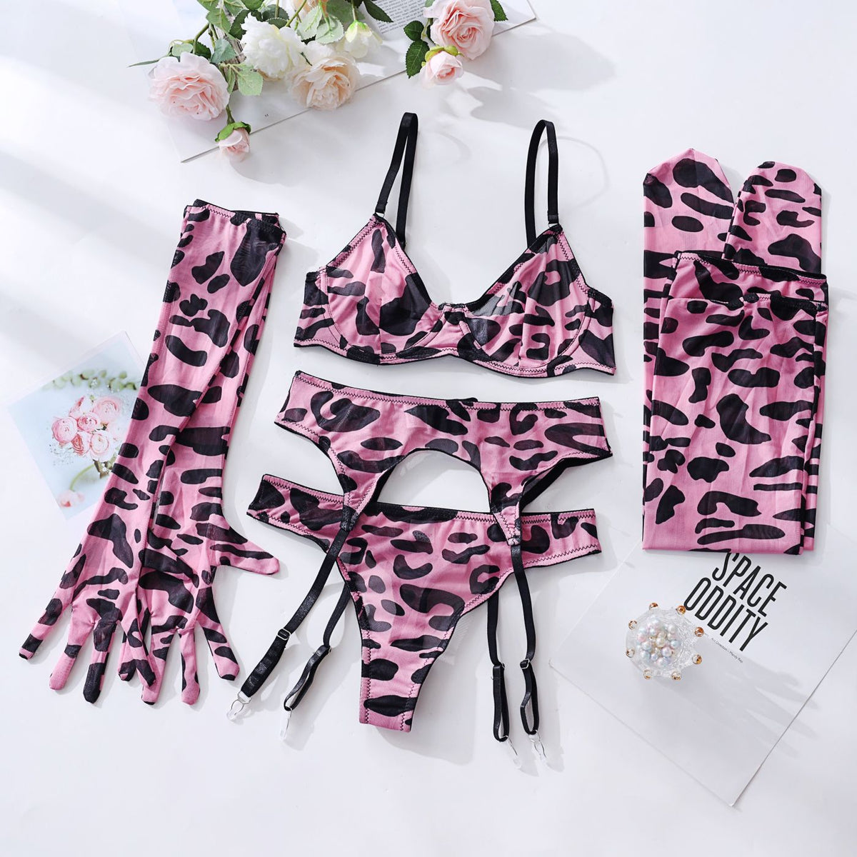 Lingerie Set with Gloves and Stockings - Mesh Printed Design - eXplore