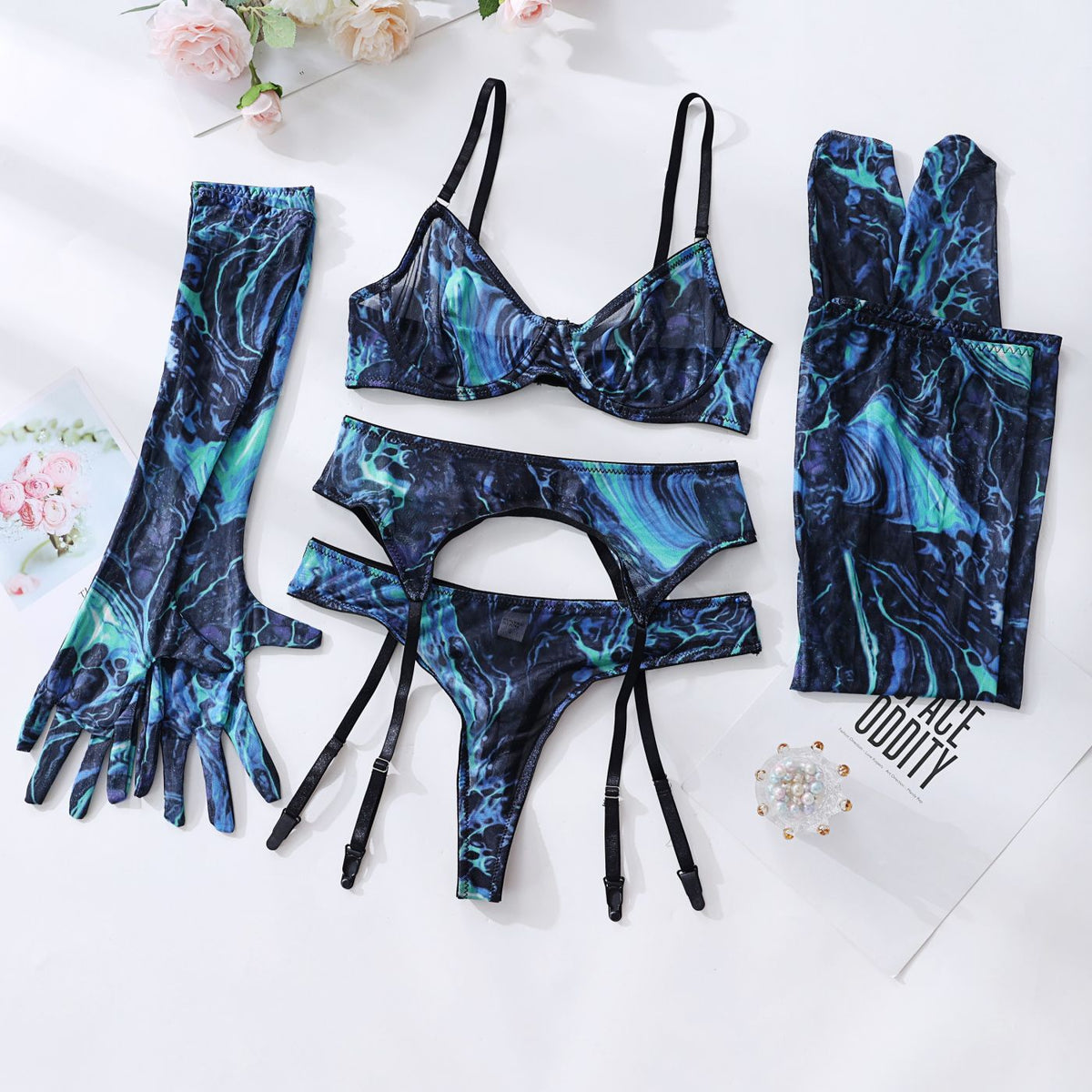 Lingerie Set with Gloves and Stockings - Mesh Printed Design - eXplore