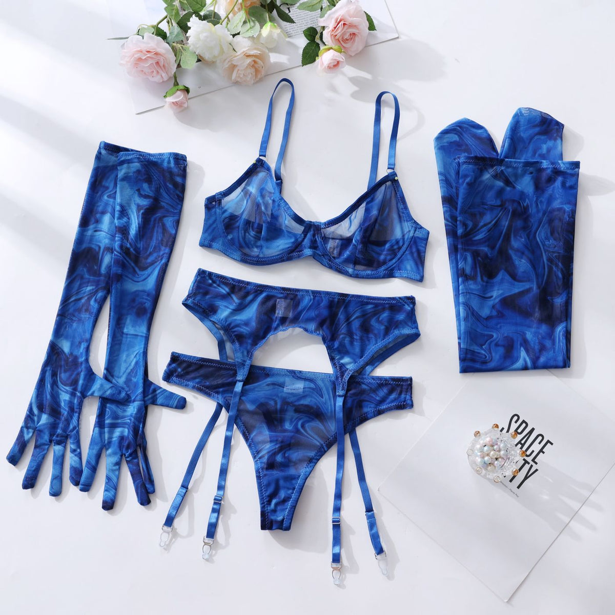 Lingerie Set with Gloves and Stockings - Mesh Printed Design - eXplore