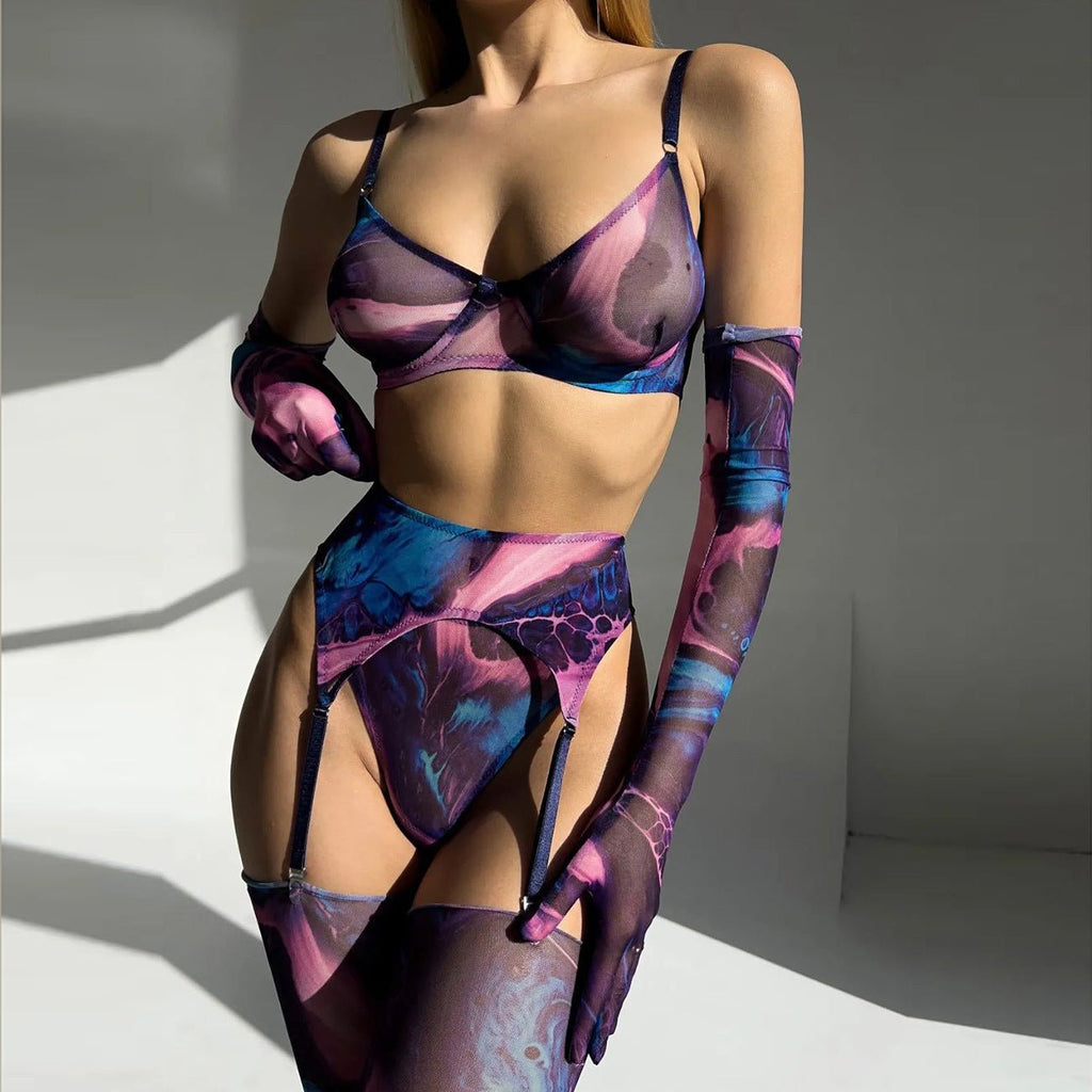 Lingerie Set with Gloves and Stockings - Mesh Printed Design - eXplore