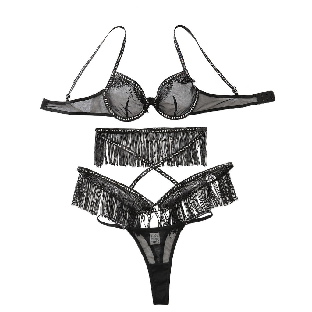 Sexy hollow perspective lingerie three piece set - eXplore