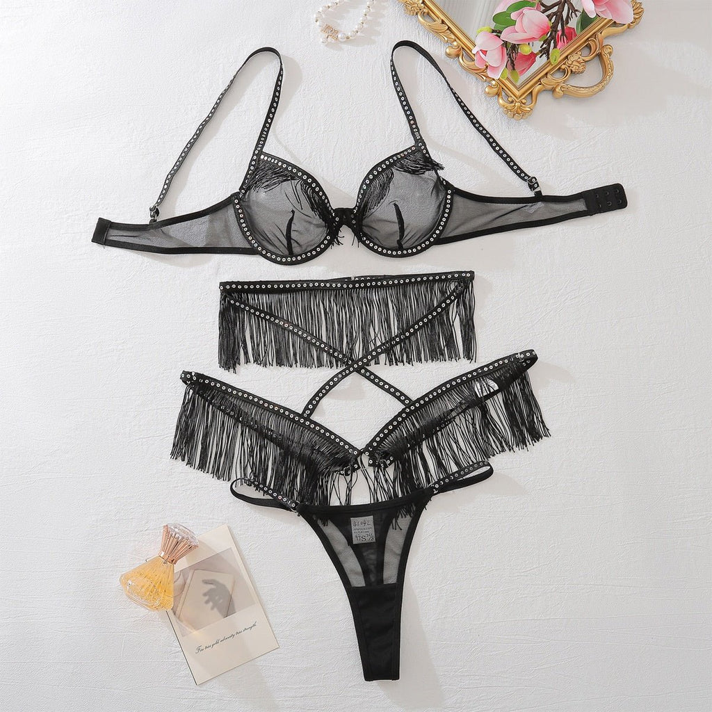 Sexy hollow perspective lingerie three piece set - eXplore