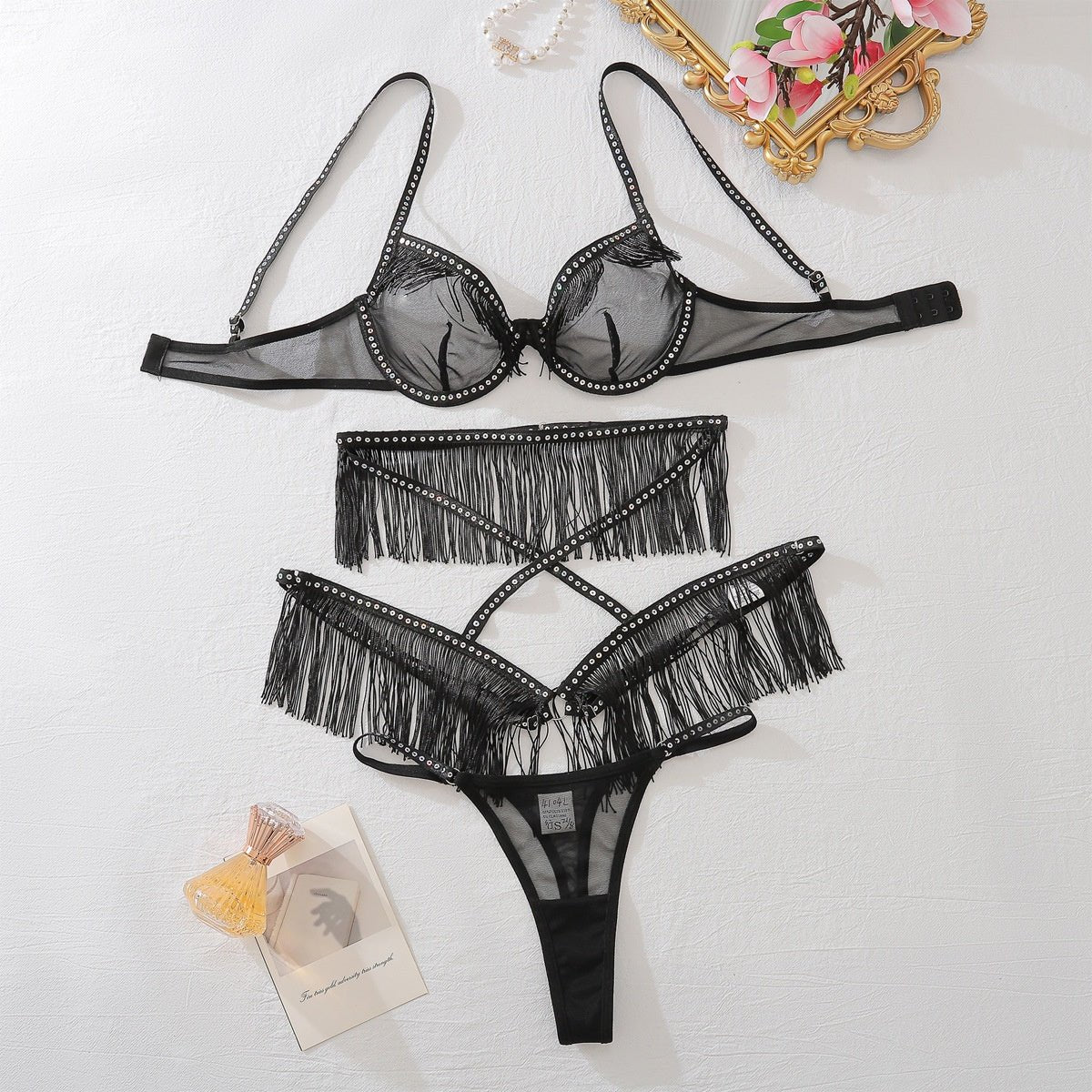 Sexy hollow perspective lingerie three piece set - eXplore