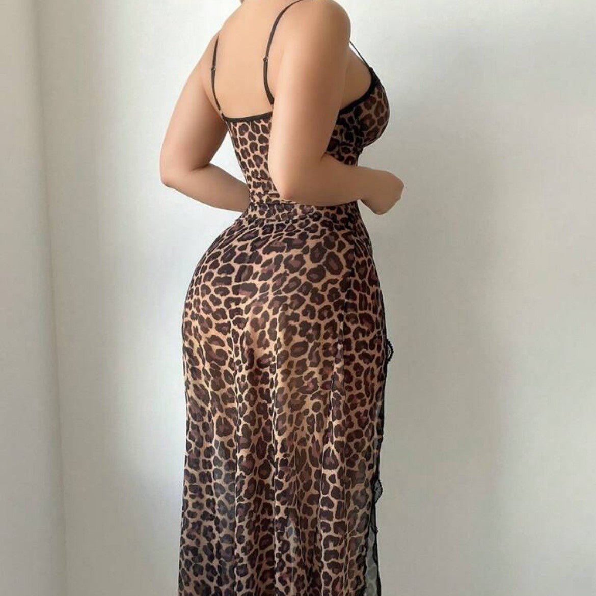Sexy Transparent Leopard Print Nightgown and Lingerie Set - eXplore