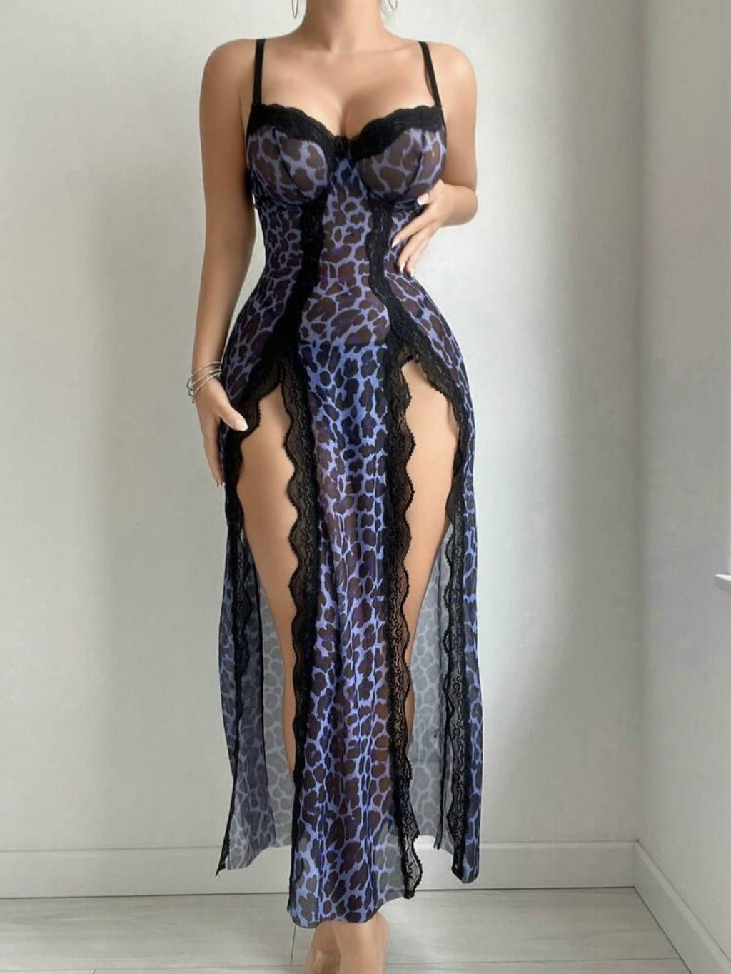Sexy Transparent Leopard Print Nightgown and Lingerie Set - eXplore