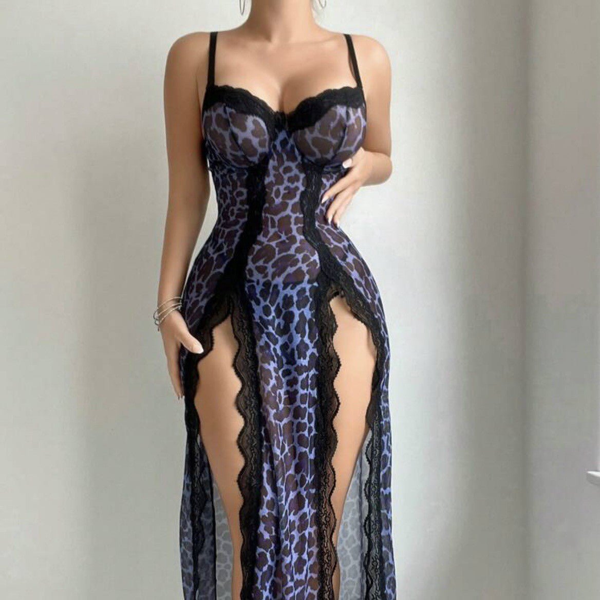 Sexy Transparent Leopard Print Nightgown and Lingerie Set - eXplore